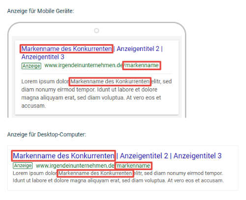 Beispiel für nicht legales Brand-Bidding mit Markenname in Anzeigentext