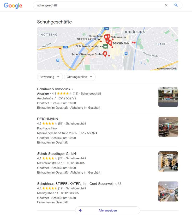 Beispiel für eine Visit-in-Person-Query | Google SERPs