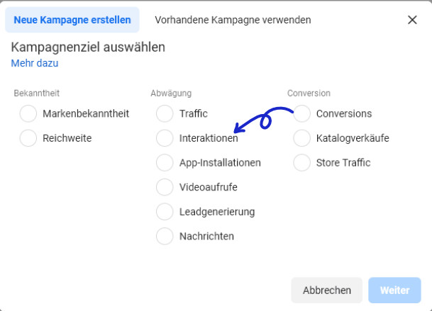 Facebook Ads Kampagnenziele Screenshot