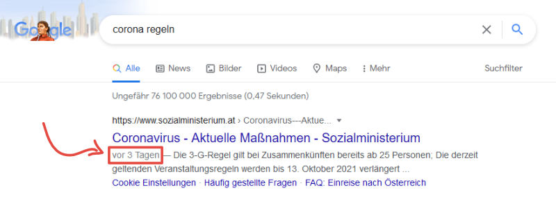 Google-SERP Beispiel mit Datum im Snippet