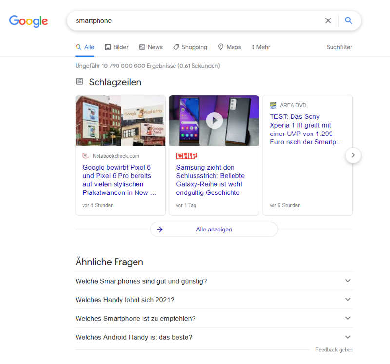 SERPs für das Keyword Smartphone: Suchintention Einzahl/Mehrzahl