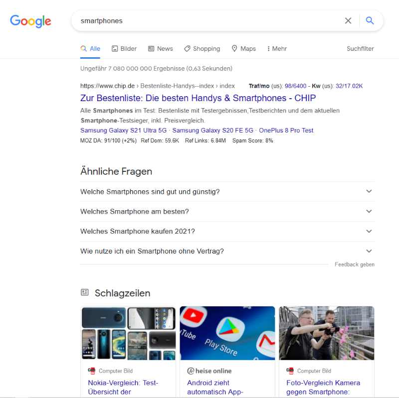 SERPs für das Keyword Smartphones: Suchintention Einzahl/Mehrzahl