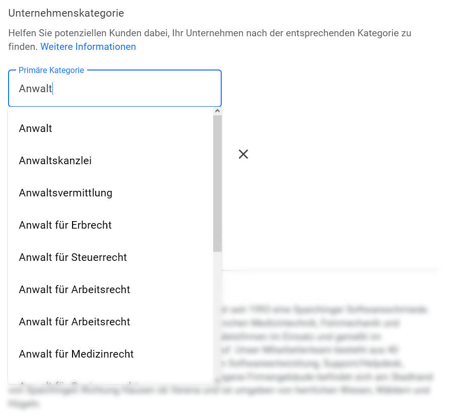 Beispiel Unternehmenskategorien Anwalt