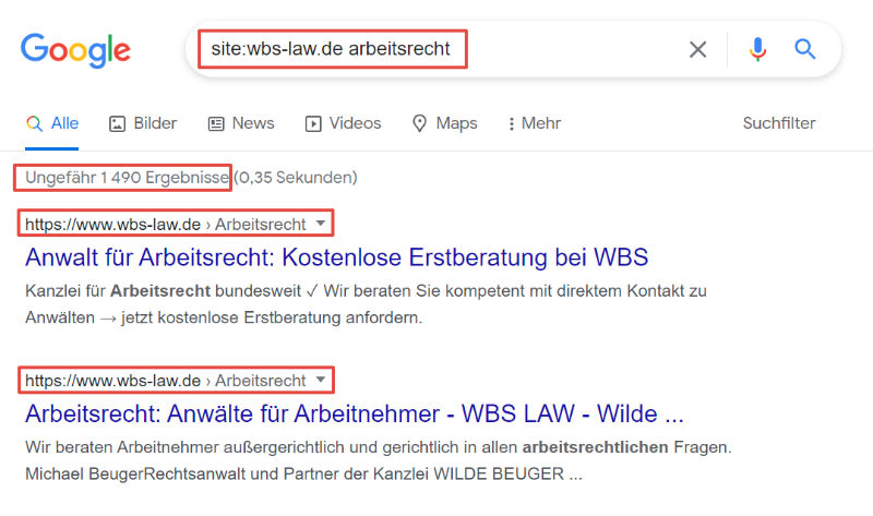 Verwendung des Site-Operators am Beispiel einer Anwaltskanzlei