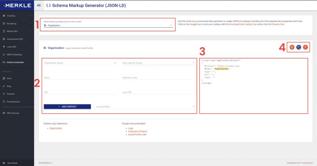 Screenshot des Merkle Schema Markup Generators